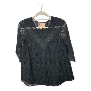 Fleur‎ Wood Blouse Womens XS Black Lace Eyelet 3/4 Sleeve Whimsigoth Sheer Mesh